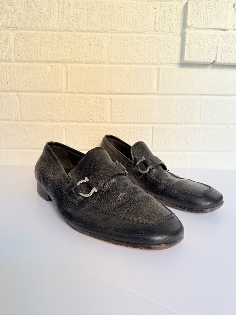 Salvatore Ferragamo Black Pebbled Leather Horsebit Loafers